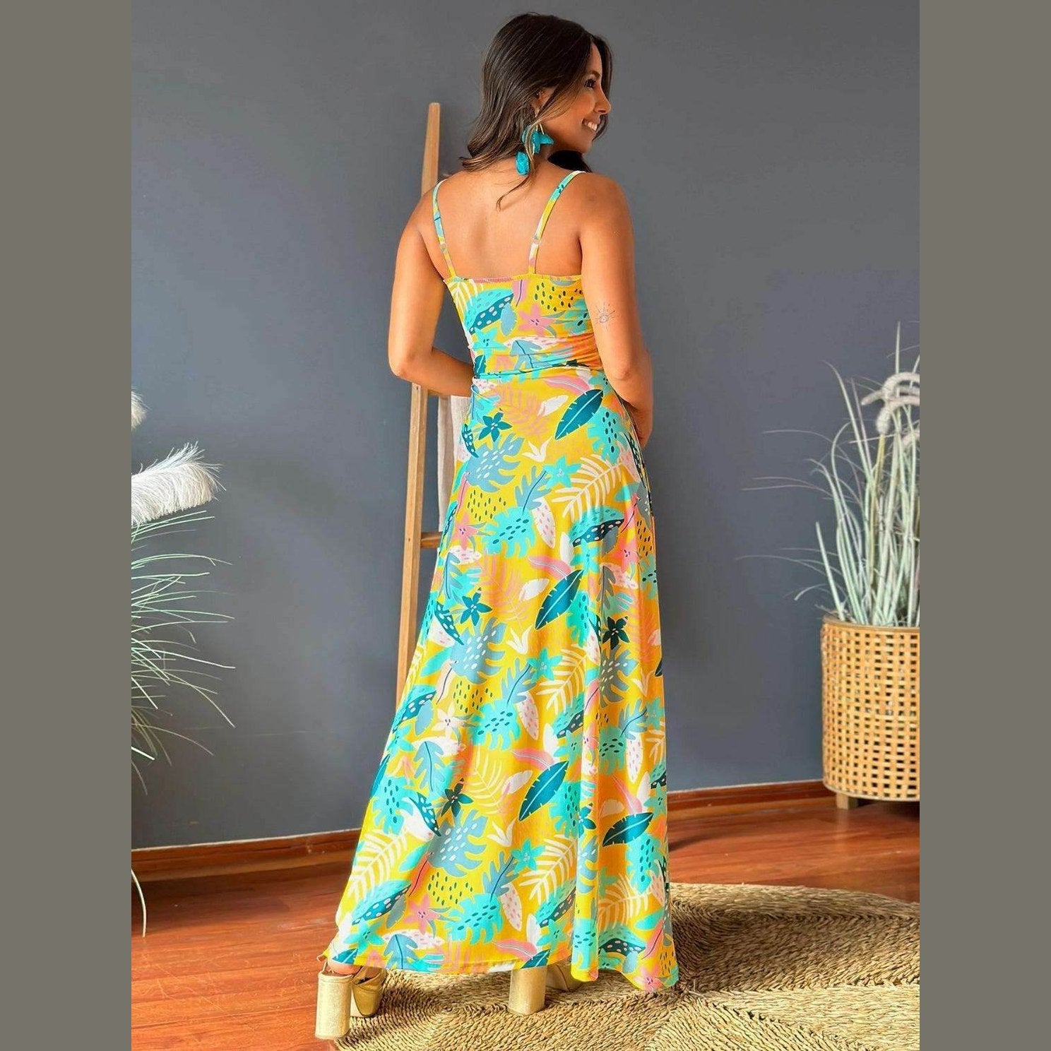 Twisted Printed V-Neck Cami Dress - VacationGrabs