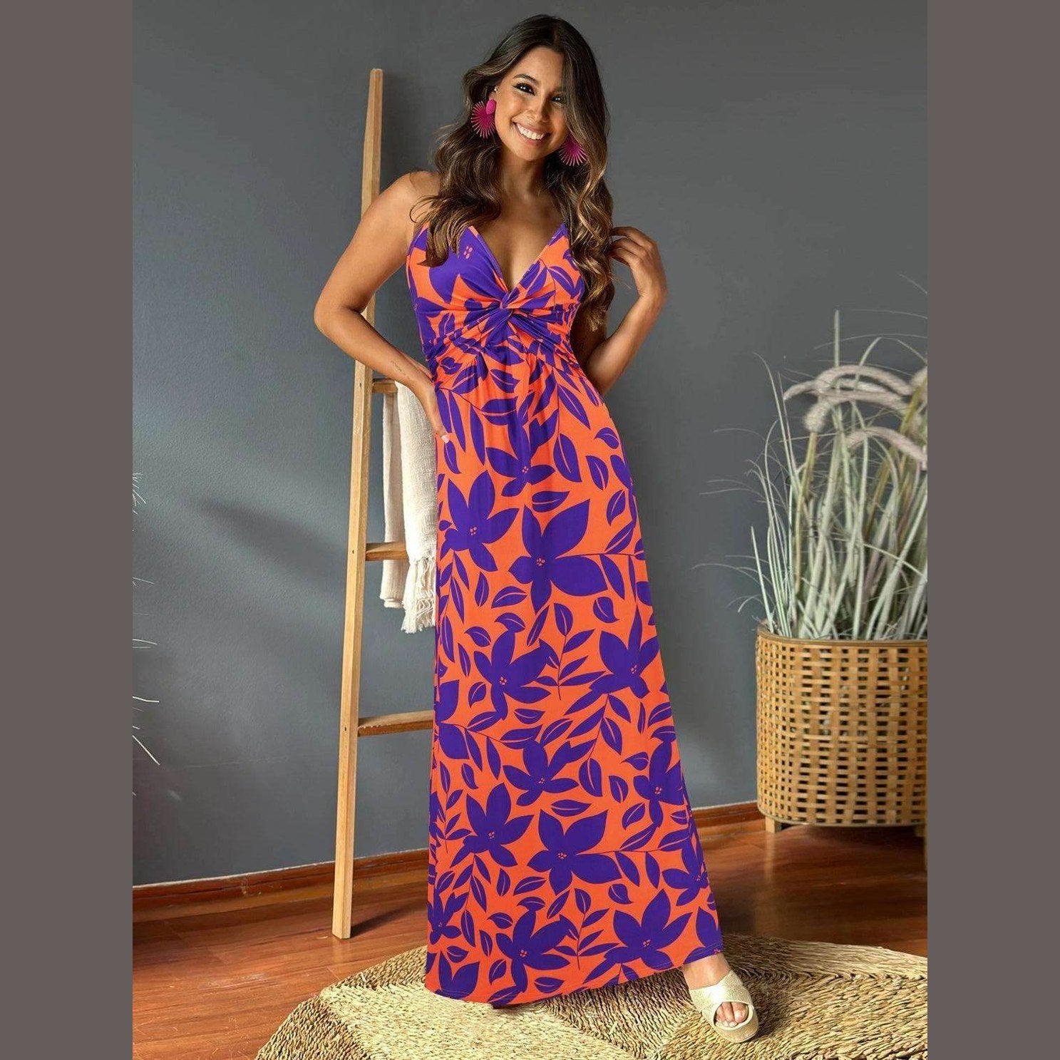 Twisted Printed V-Neck Cami Dress - VacationGrabs