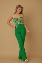 Stylish green twisted rope knot jumpsuit with beaded strapless top for a chic look