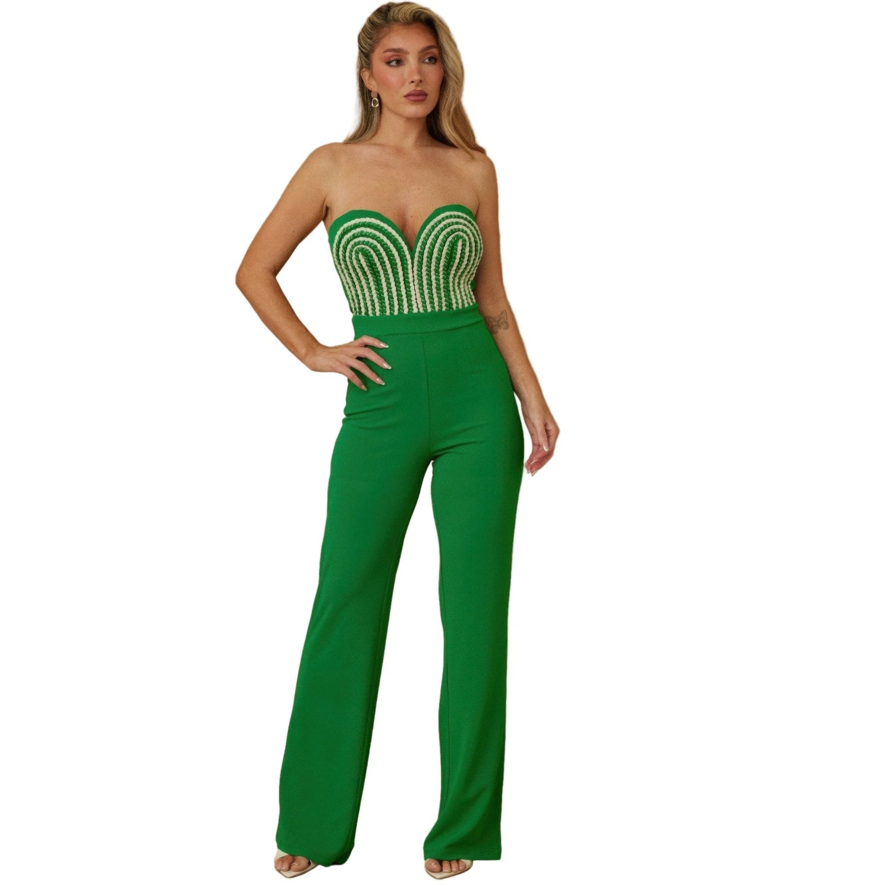 Stylish twisted rope knot jumpsuit in green with a strapless design and embellished bodice