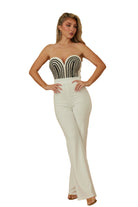 Stylish women's twisted rope knot jumpsuit with a beaded strapless top and flared legs