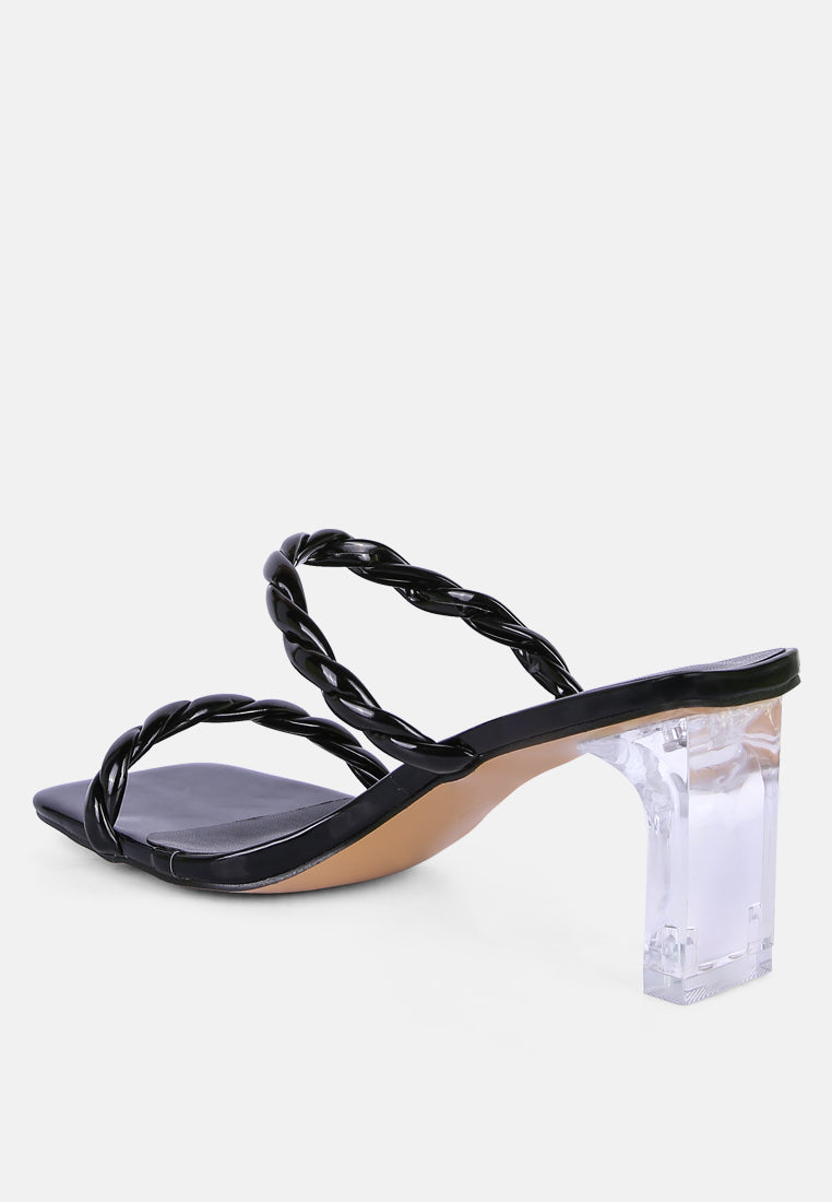 London Rag International twisted strap mid heel sandals in black with clear block heel design