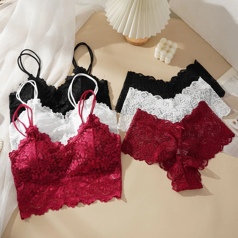 Two-piece lace underwear for travel in black, white, and burgundy