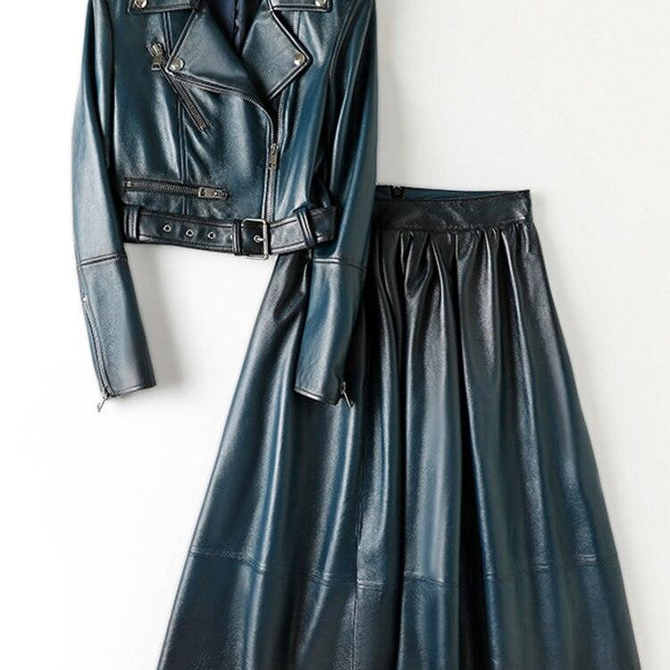 Women's Skirts Two-Piece Leather Skirt Set Genuine Leather Jacket & Maxi Skirt