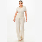 VacationGrabs women's cream two piece lounge set for travel with short sleeve top and wide leg pants