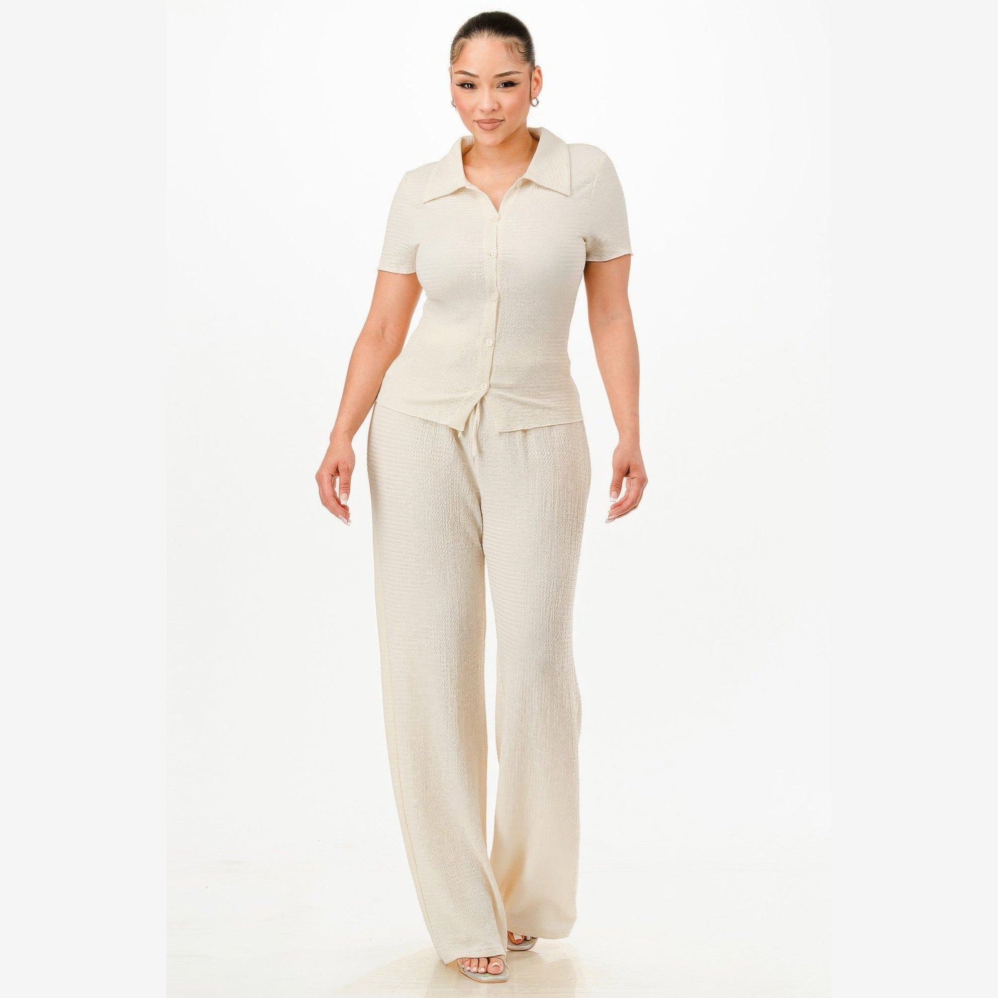 VacationGrabs women's cream two piece lounge set for travel with short sleeve top and wide leg pants