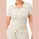 Cream textured two piece lounge set for travel with short sleeves and button-up top by VacationGrabs