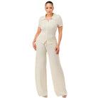 VacationGrabs women's two piece lounge set for travel in cream with button-up top and wide-leg pants