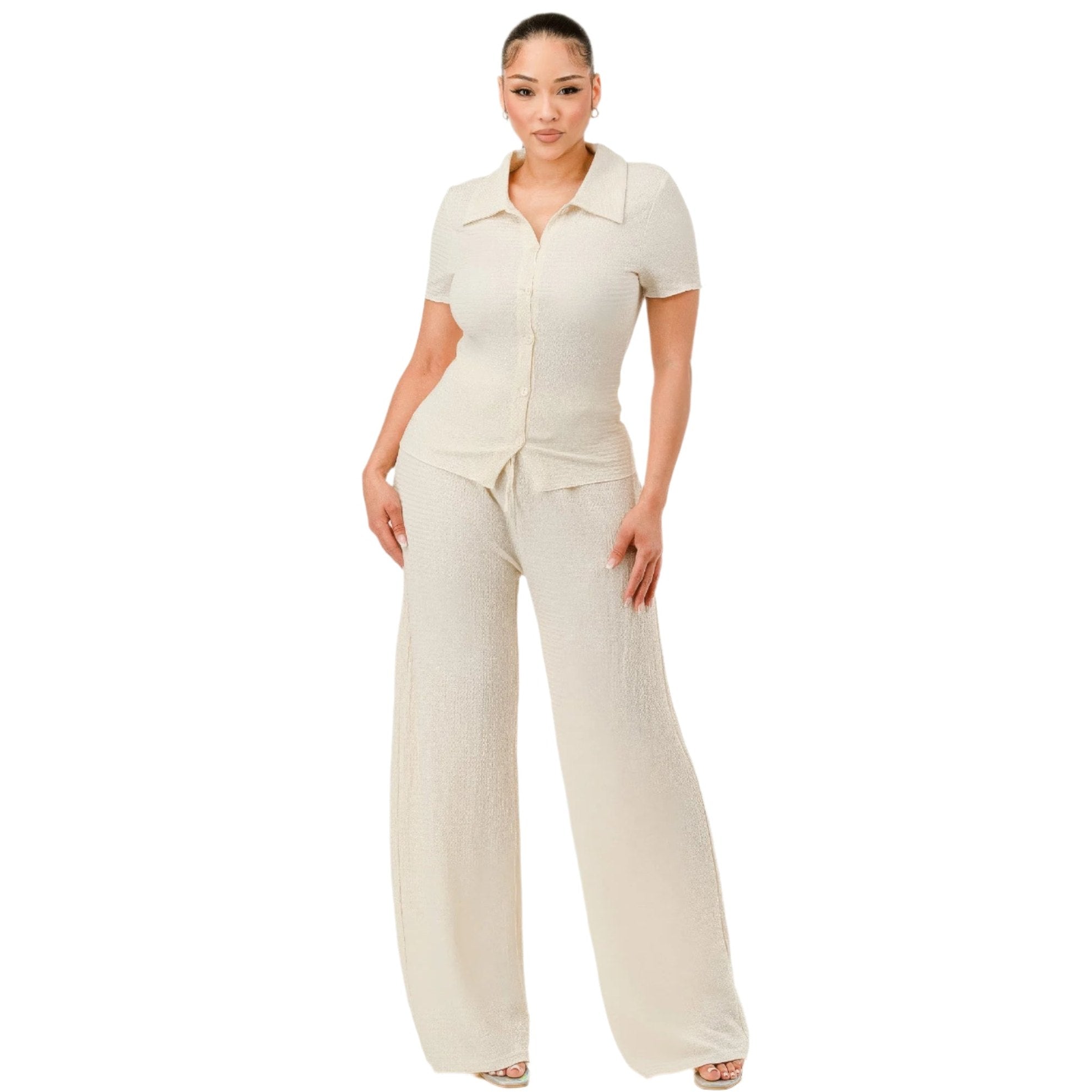 VacationGrabs women's two piece lounge set for travel in cream with button-up top and wide-leg pants