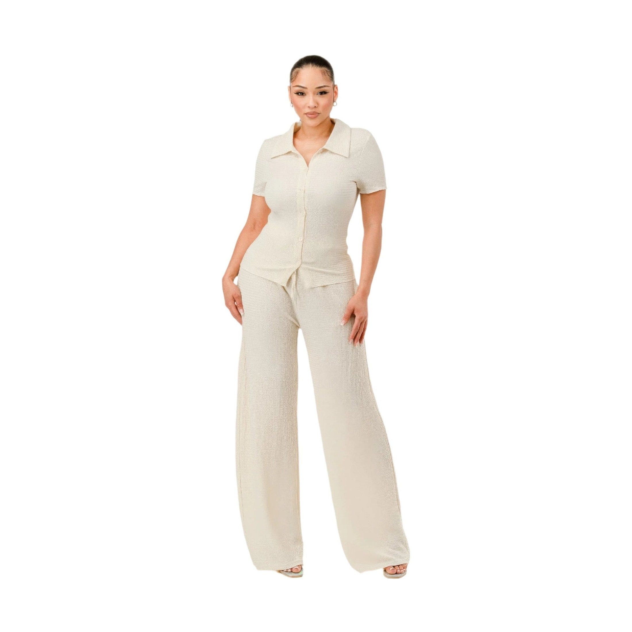 VacationGrabs women's two piece lounge set for travel in cream with button-up top and wide-leg pants