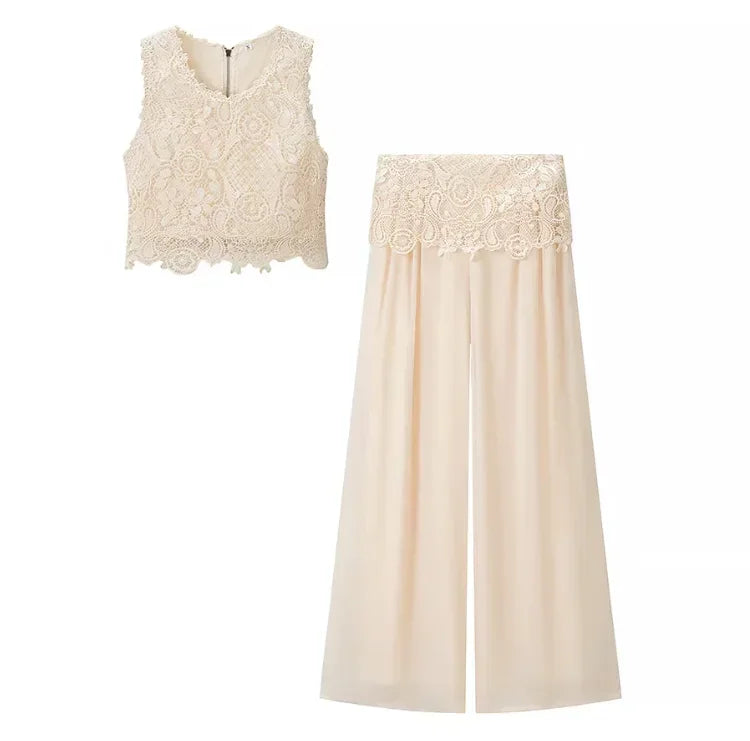 Women's beige two piece set, lace top and flowy pants, perfect for summer events