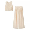 Women's beige two piece set, lace top and flowy pants, perfect for summer events