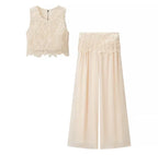 Women's beige two piece set, lace top and flowy pants, perfect for summer events