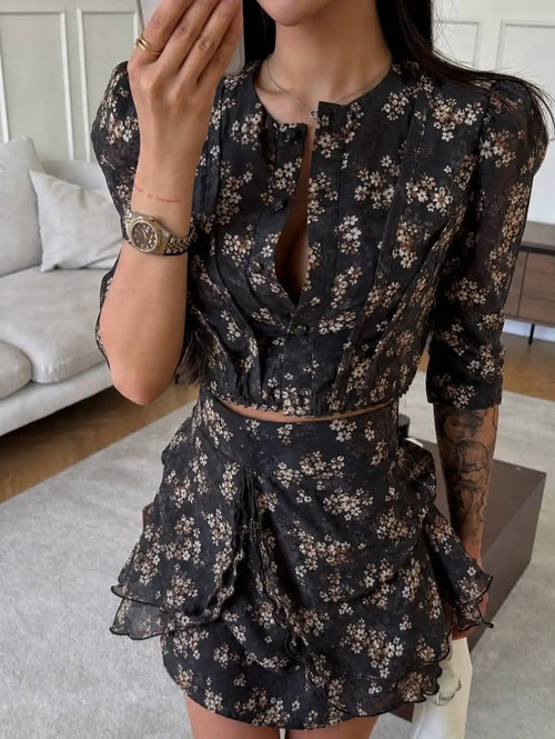Women's floral two piece set in black, perfect for casual outings