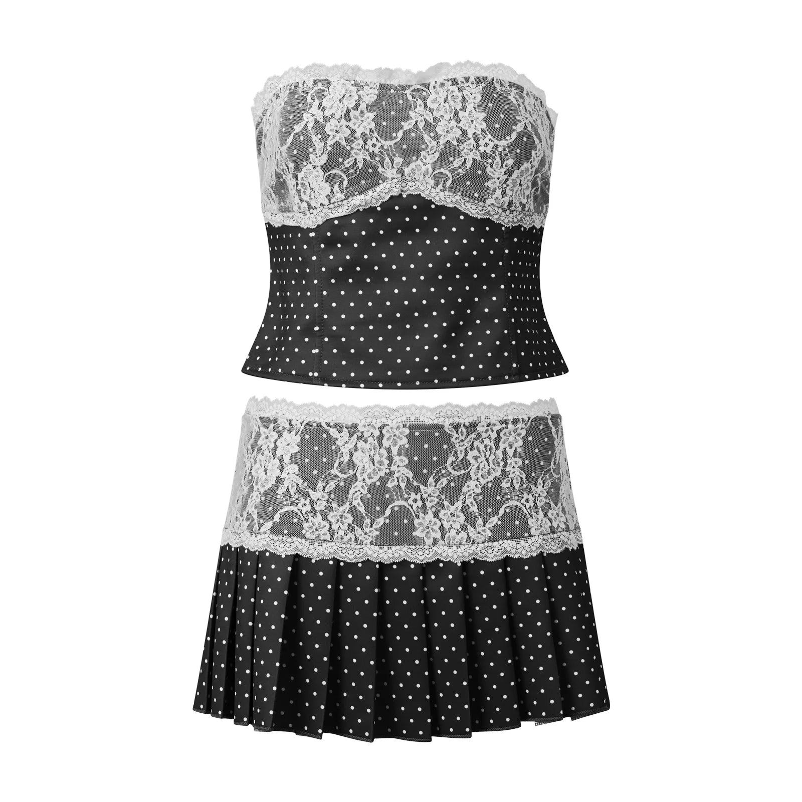 Women's black polka dot two piece set, lace details, summer wear