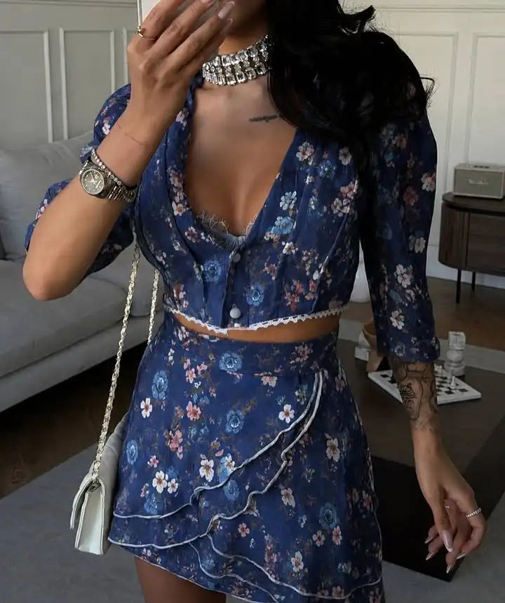 Women's floral two piece set in navy, perfect for summer outings