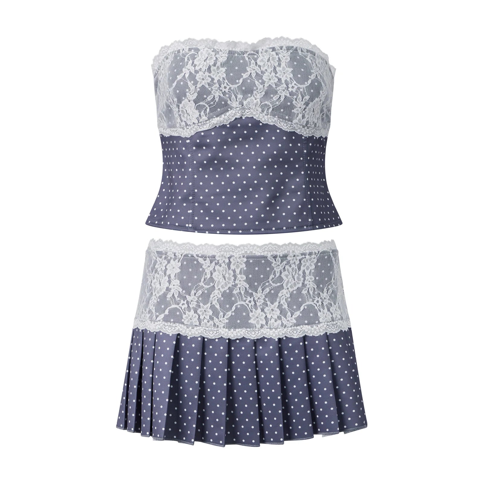Women's polka dot two piece set with lace details for summer outings