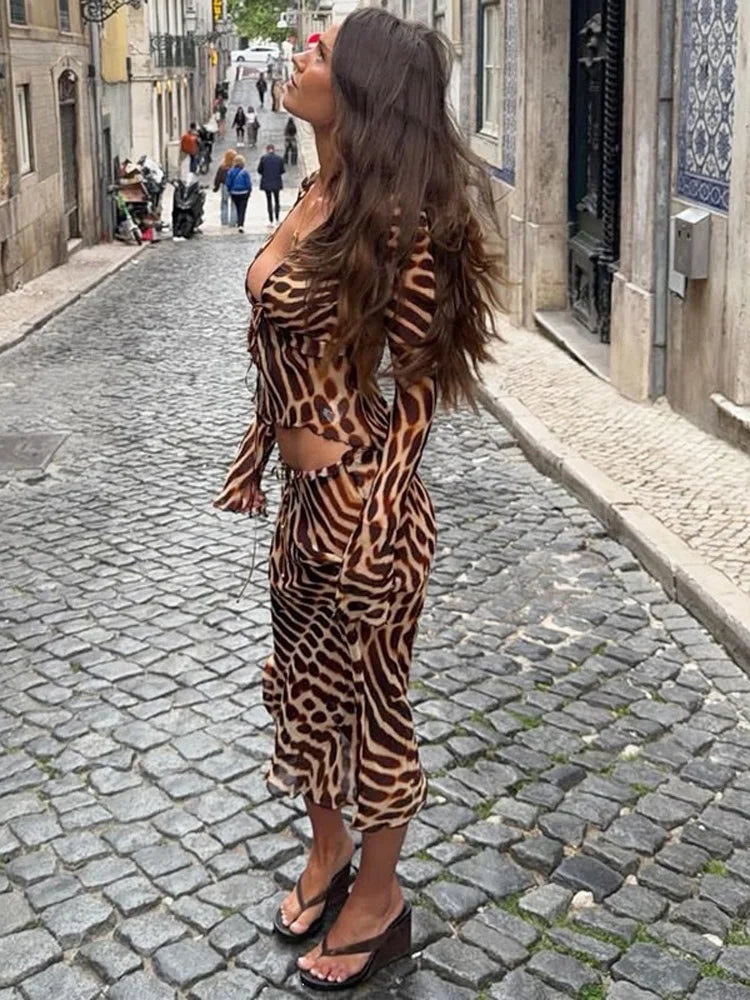 Animal print two piece set, lightweight fabric, stylish for outings