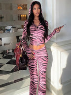 Pink zebra print two piece set with hoodie, chic and stylish outfit