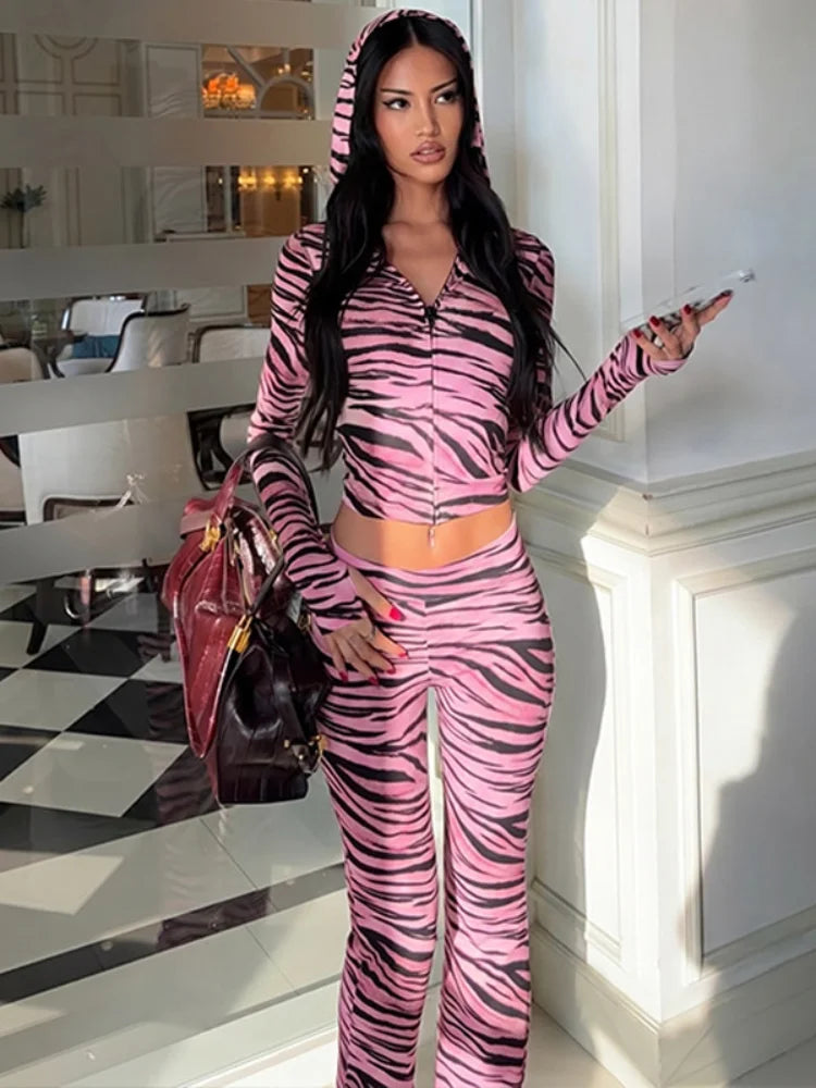 Pink zebra print two piece set with hoodie, chic and stylish outfit