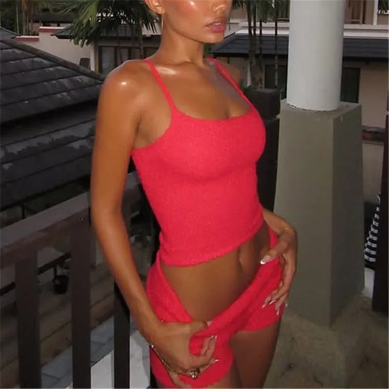 Red two piece set, stretchy fabric, ideal for summer outings