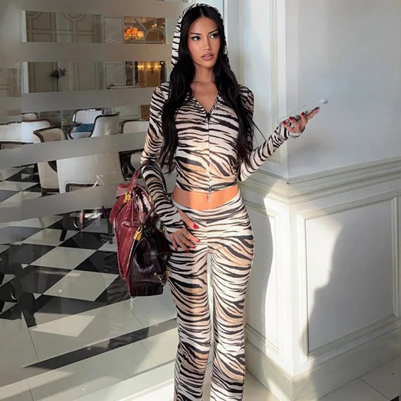 Women's tiger print two piece set, perfect for stylish outings
