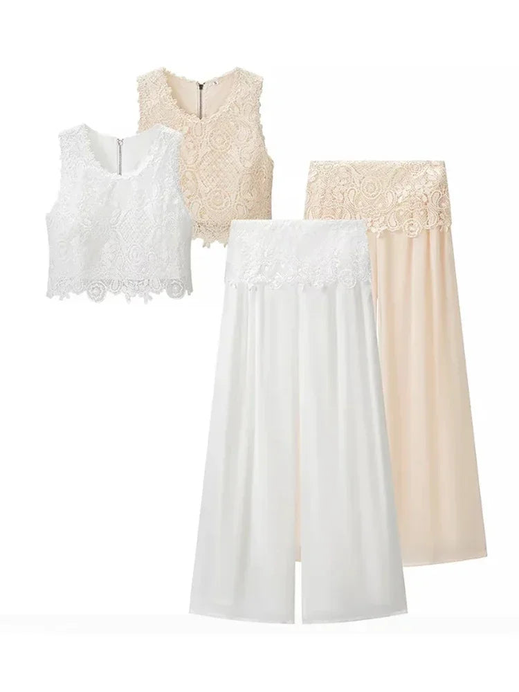Elegant two piece set in white and beige with lace cropped top and flowy skirt