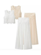 Elegant two piece set in white and beige with lace cropped top and flowy skirt