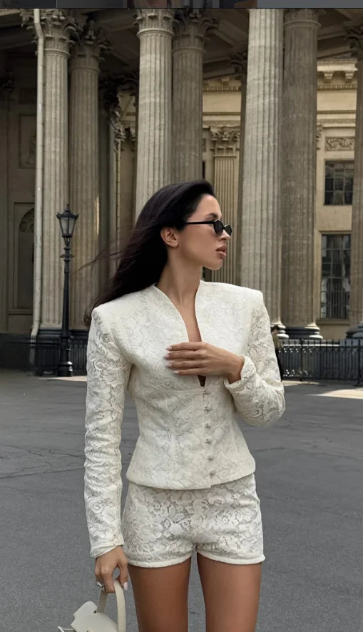 Women's cream two piece set, lace material, stylish for chic outings