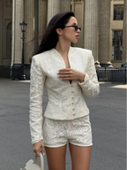 Women's cream lace two piece set, stylish blazer and shorts for summer outings
