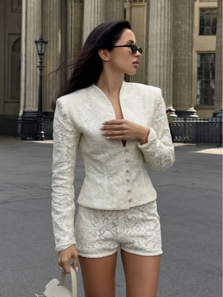 Women's cream lace two piece set, stylish blazer and shorts for summer outings