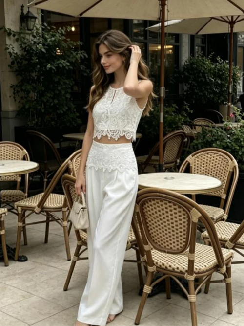 White two piece set with lace crop top and wide-leg pants for summer outings