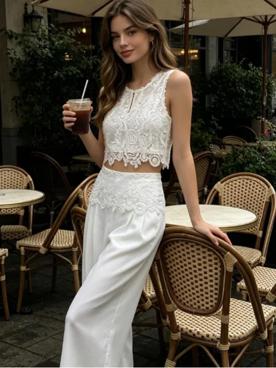 Women's white lace two piece set for chic summer outings