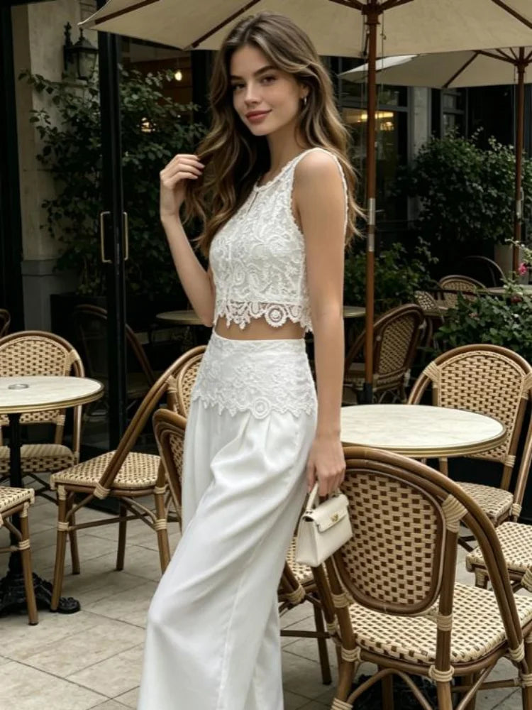 Women's white lace two piece set, perfect for stylish outdoor events