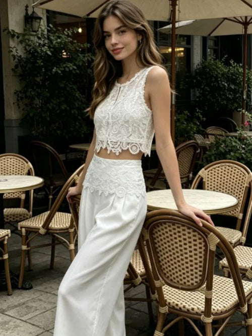 Women's white lace two piece set, perfect for summer outings