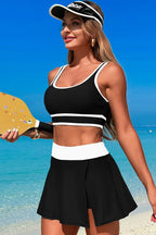 Women's black two piece swimsuit with sporty design for beach activities