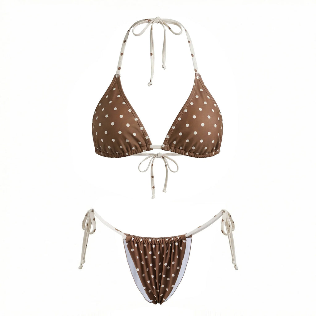 Brown polka dot two piece swimsuit, perfect for beach outings