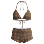 Brown plaid two piece swimsuit, perfect for beach outings