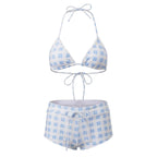 Women's blue checkered two piece swimsuit for beach vacations