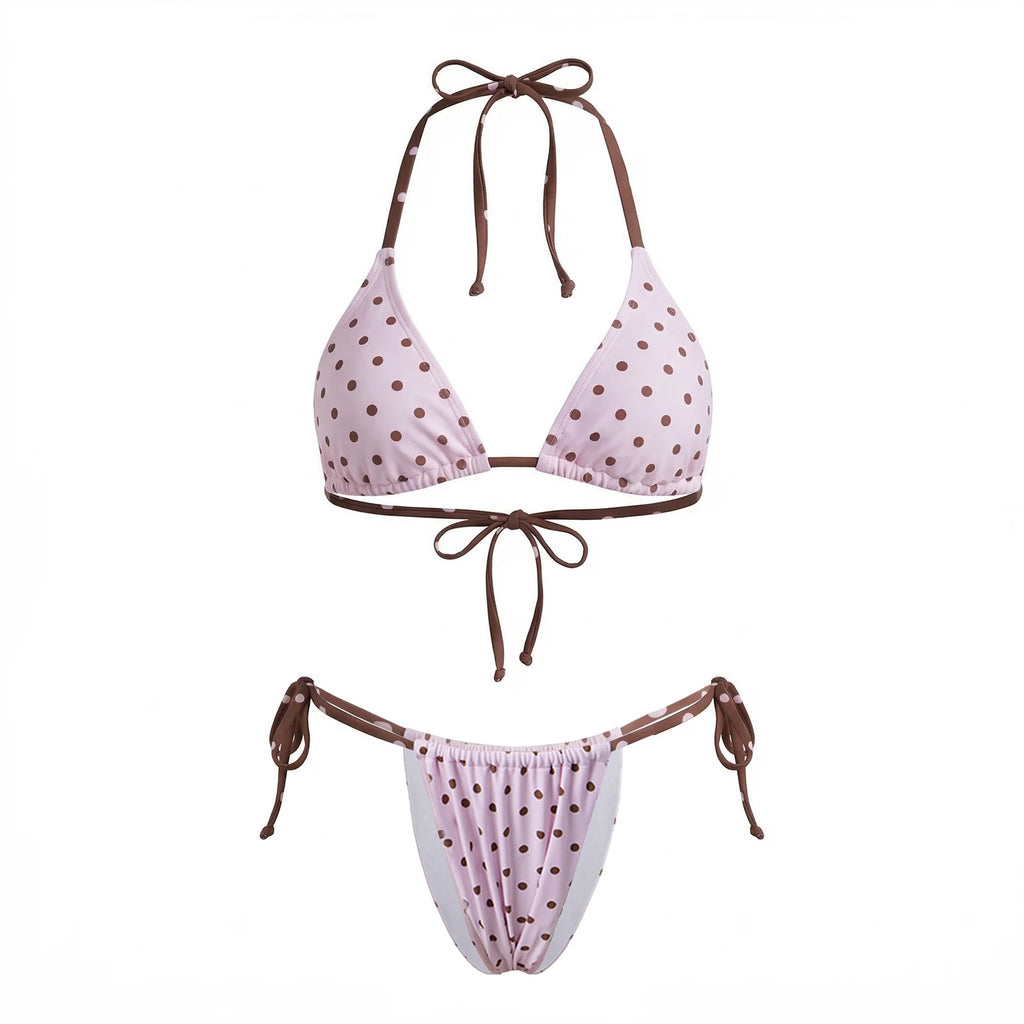 Women's polka dot two piece swimsuit, pink and brown, ideal for beach fun