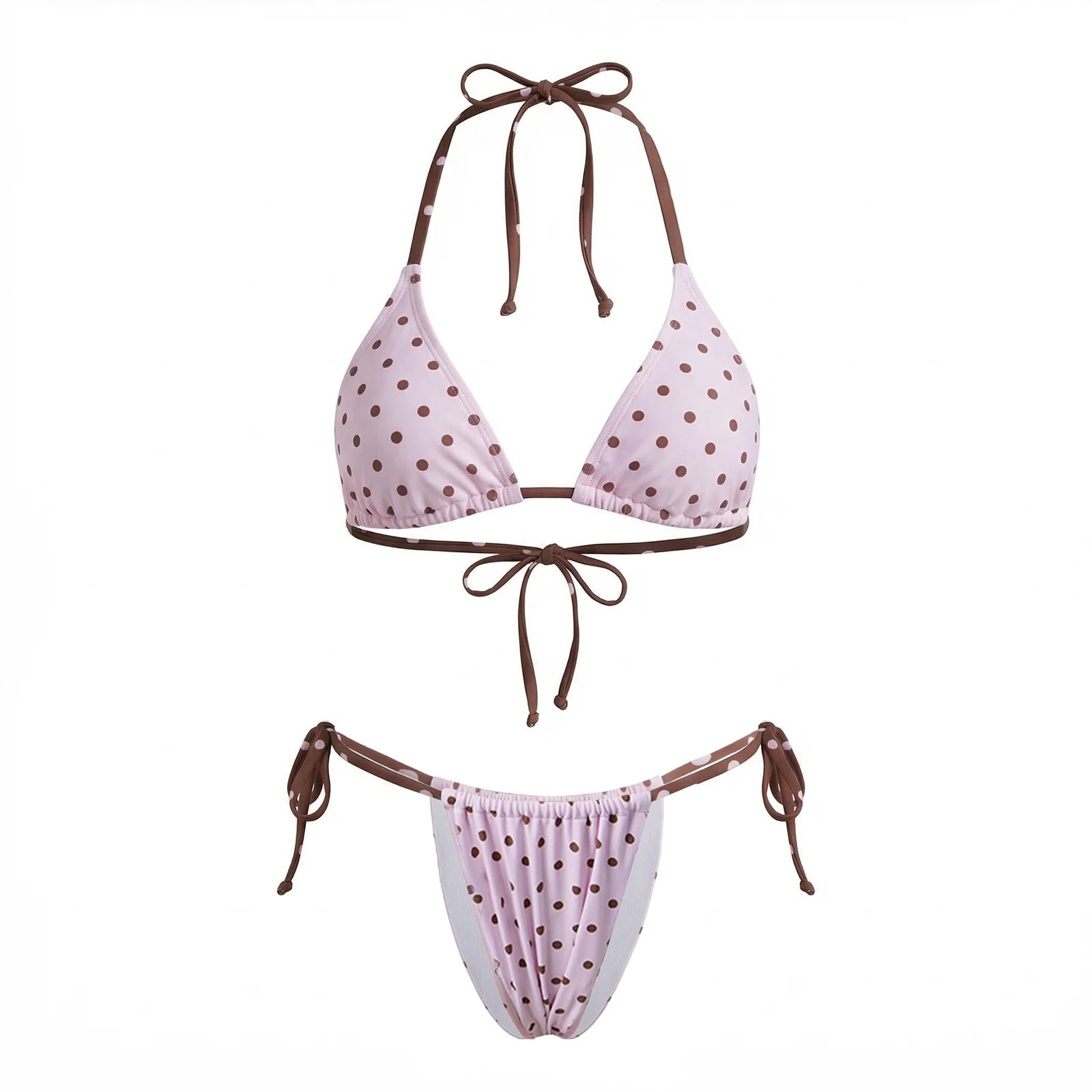 Women's polka dot two piece swimsuit, pink and brown, ideal for beach fun