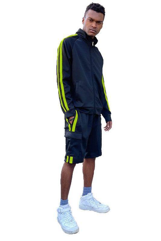 Men's WEIV 2PC Track Set featuring a two stripe track jacket and shorts in black and neon accents