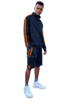 Men's 2PC Track Sets featuring a two stripe track jacket and shorts in black with orange accents