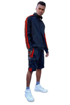 Men's WEIV two stripe track jacket shorts set in black and red for athletic wear