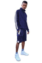 Men's WEIV two stripe track jacket shorts set in navy, perfect for casual or athletic wear.