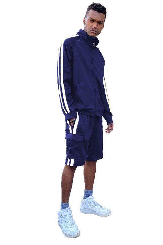 Men's WEIV two stripe track jacket shorts set in navy, perfect for casual or athletic wear.