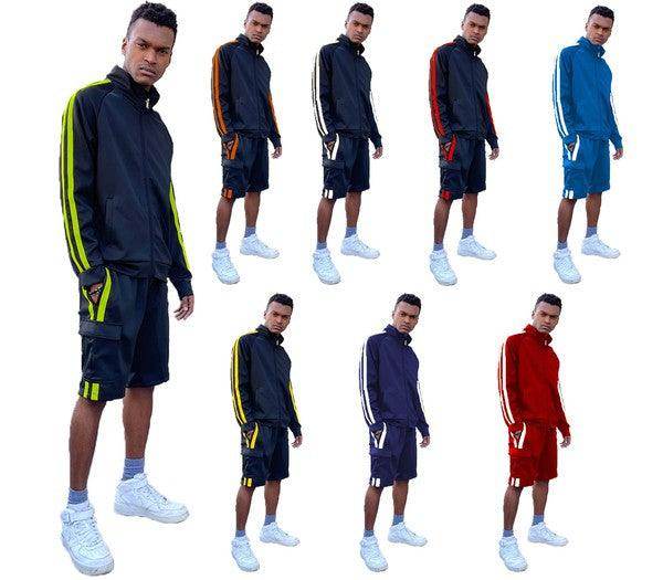 Men's 2PC Track Sets featuring two stripe track jacket shorts in various colors for athletic wear