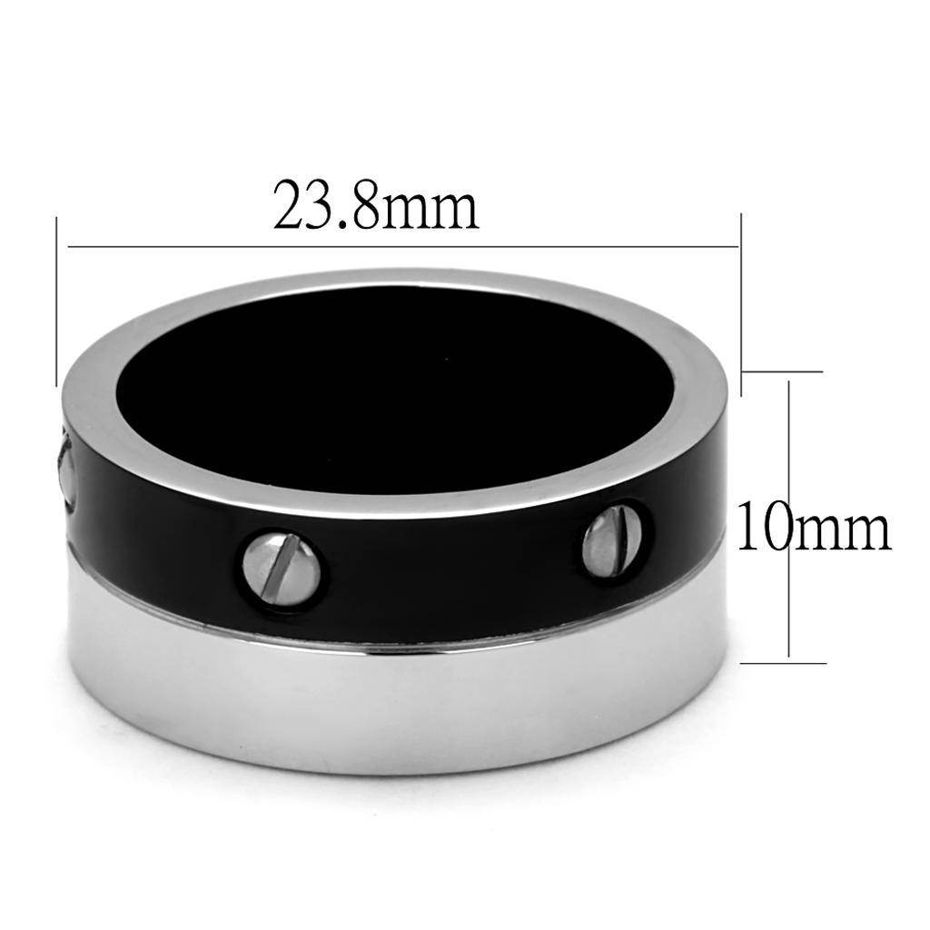 Two tone black men's ring with a sleek design featuring a black band and silver accents