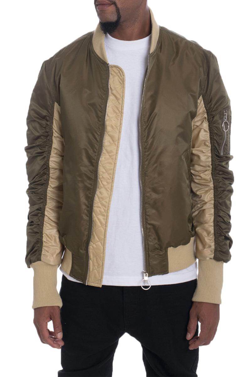 Two tone bomber for men in olive green and beige with ribbed cuffs and zipper pockets