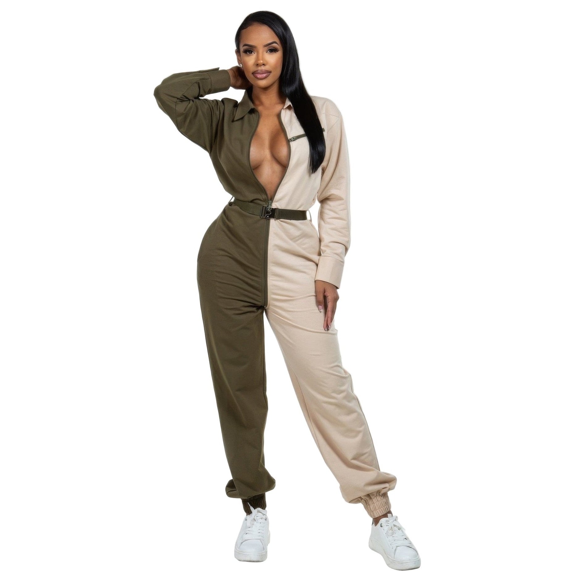 Stylish two tone casual jumpsuit in beige and green, perfect for relaxed outings
